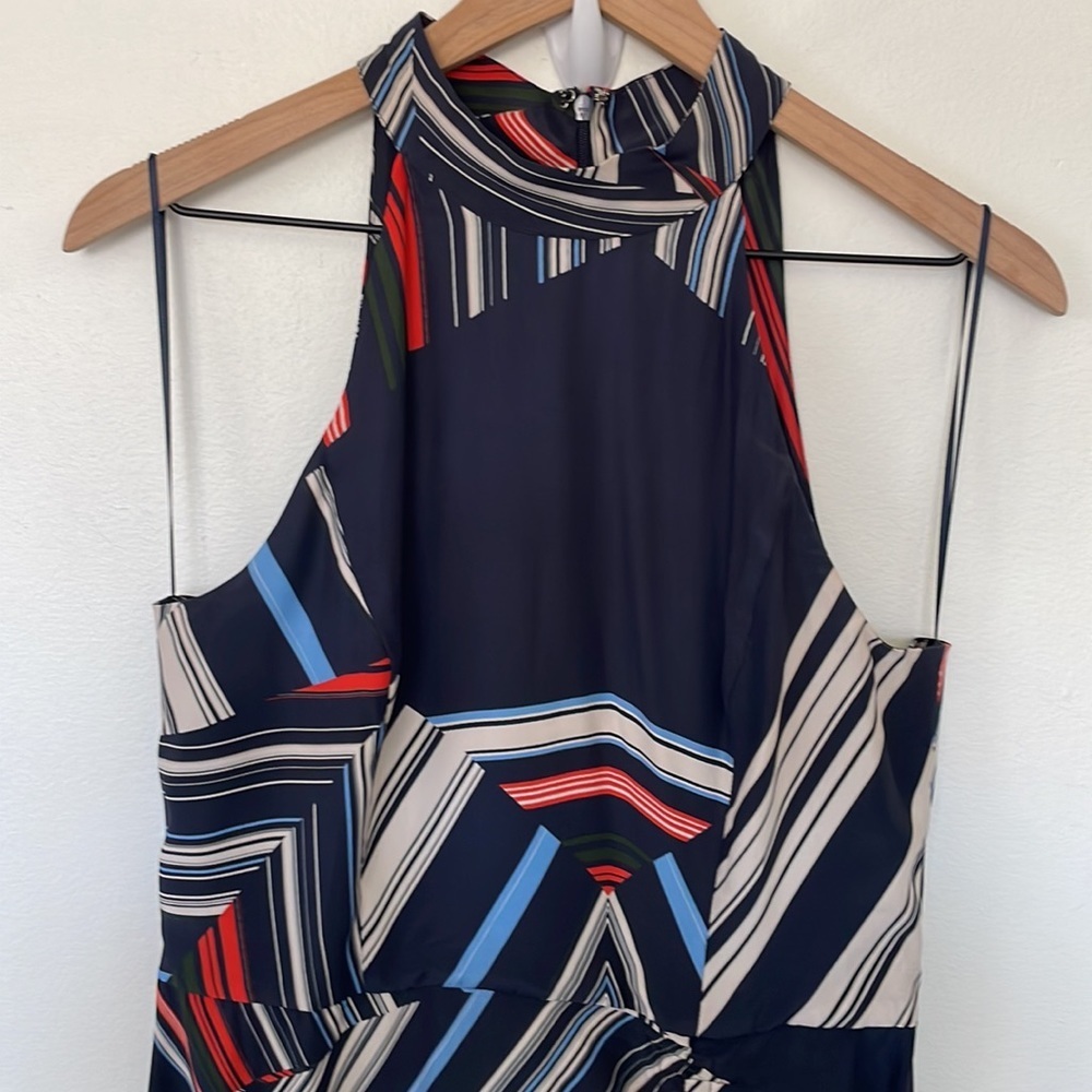 Parker | 100% Silk Halter Neck Handkerchief Hem Graphic Stripe Print Midi Dress - Picture 2 of 11